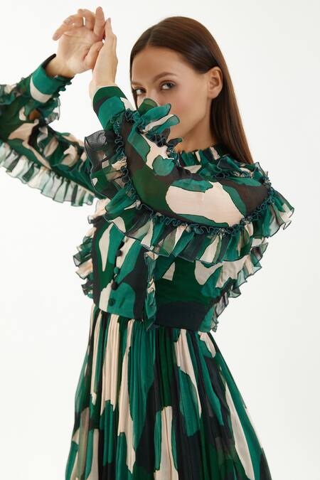 Buy Koai Multi Color Chiffon Abstract Round Frill Detailed Dress Buy_Koai_Multi Color Chiffon Abstract Round Frill Detailed Dress