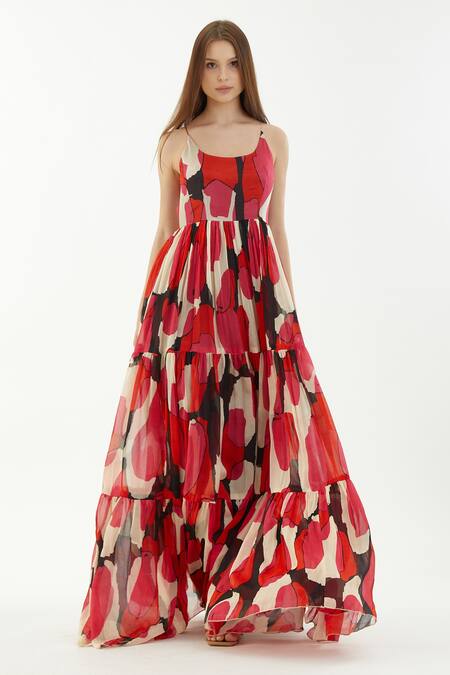 Buy_Koai_Multi Color Chiffon Abstract Round Flared Tiered Dress _Online_at_Aza_Fashions