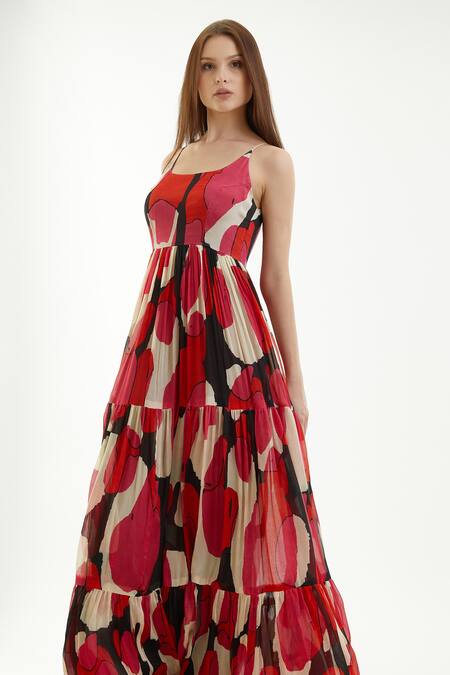 Shop_Koai_Multi Color Chiffon Abstract Round Flared Tiered Dress _Online_at_Aza_Fashions