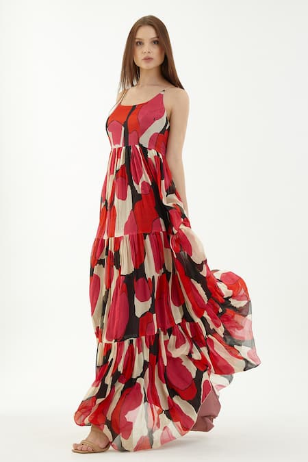 Koai_Multi Color Chiffon Abstract Round Flared Tiered Dress _at_Aza_Fashions