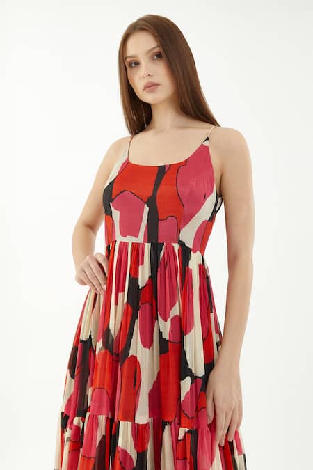 Buy_Koai_Multi Color Chiffon Abstract Round Flared Tiered Dress 
