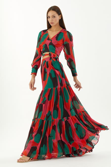 Koai Multi Color Chiffon Abstract Pattern Tiered Skirt Online at Aza Fashions Koai_Multi Color Chiffon Abstract Pattern Tiered Skirt_Online_at_Aza_Fashions