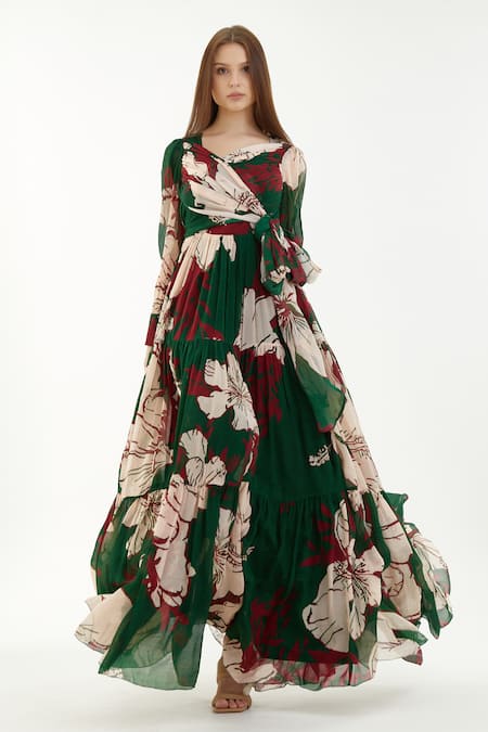 Buy_Koai_Multi Color Chiffon Floral V Neck Pattern Maxi Dress _Online_at_Aza_Fashions