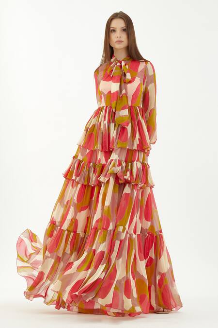 Buy Koai Multi Color Chiffon Abstract Bow Tie Collar Pattern Layered Dress Online at Aza Fashions Buy_Koai_Multi Color Chiffon Abstract Bow Tie Collar Pattern Layered Dress _Online_at_Aza_Fashions