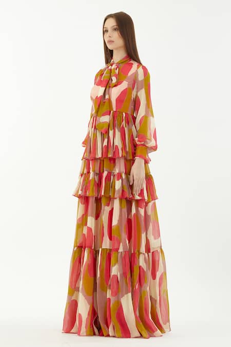 Shop Koai Multi Color Chiffon Abstract Bow Tie Collar Pattern Layered Dress Online at Aza Fashions Shop_Koai_Multi Color Chiffon Abstract Bow Tie Collar Pattern Layered Dress _Online_at_Aza_Fashions