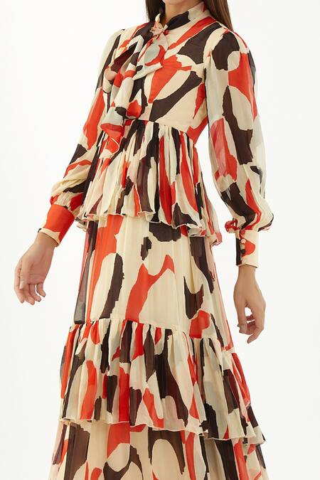 Koai_Multi Color Chiffon Abstract Bow Tie Collar Pattern Tiered Dress _at_Aza_Fashions