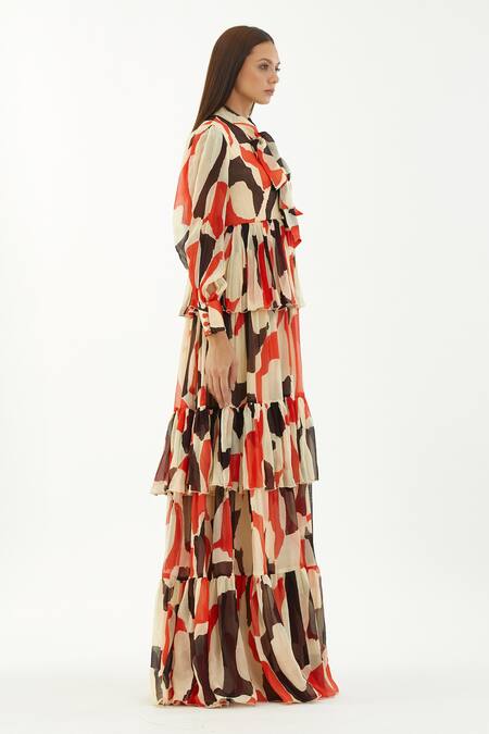 Buy_Koai_Multi Color Chiffon Abstract Bow Tie Collar Pattern Tiered Dress _Online_at_Aza_Fashions