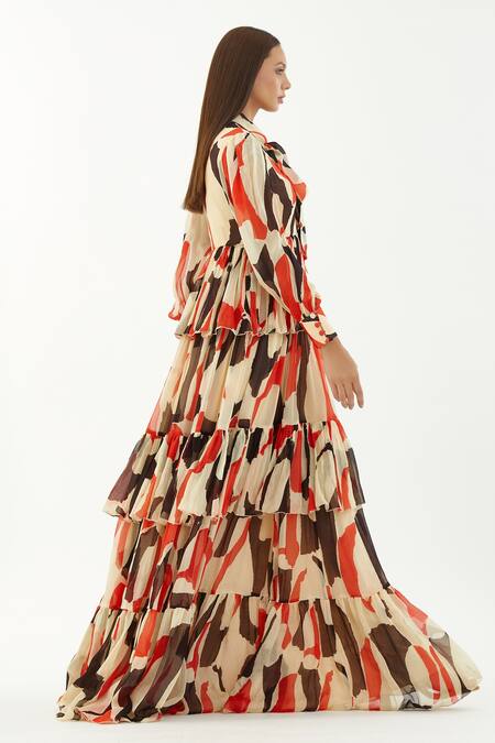 Shop_Koai_Multi Color Chiffon Abstract Bow Tie Collar Pattern Tiered Dress _Online_at_Aza_Fashions