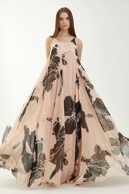 Koai Pink Chiffon Hibiscus Round Pattern Maxi Dress Online at Aza Fashions Koai_Pink Chiffon Hibiscus Round Pattern Maxi Dress _Online_at_Aza_Fashions