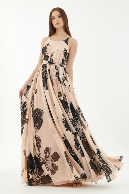 Shop Koai Pink Chiffon Hibiscus Round Pattern Maxi Dress Online at Aza Fashions Shop_Koai_Pink Chiffon Hibiscus Round Pattern Maxi Dress _Online_at_Aza_Fashions