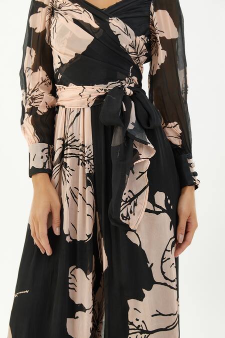 Buy_Koai_Pink Chiffon Floral V Neck Pattern Jumpsuit_Online_at_Aza_Fashions