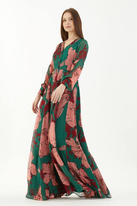 Koai_Multi Color Chiffon Hibiscus V Neck Pattern Maxi Dress_Online_at_Aza_Fashions