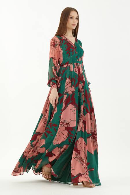 Buy_Koai_Multi Color Chiffon Hibiscus V Neck Pattern Maxi Dress_Online_at_Aza_Fashions