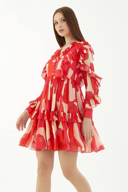Koai Multi Color Chiffon Abstract V Neck Pattern Frill Short Dress Online at Aza Fashions Koai_Multi Color Chiffon Abstract V Neck Pattern Frill Short Dress _Online_at_Aza_Fashions