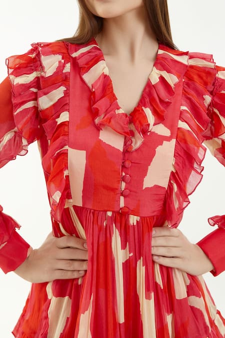 Buy Koai Multi Color Chiffon Abstract V Neck Pattern Frill Short Dress Online at Aza Fashions Buy_Koai_Multi Color Chiffon Abstract V Neck Pattern Frill Short Dress _Online_at_Aza_Fashions