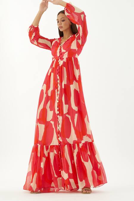 Koai_Multi Color Chiffon Abstract V Neck Pattern Maxi Dress_Online_at_Aza_Fashions