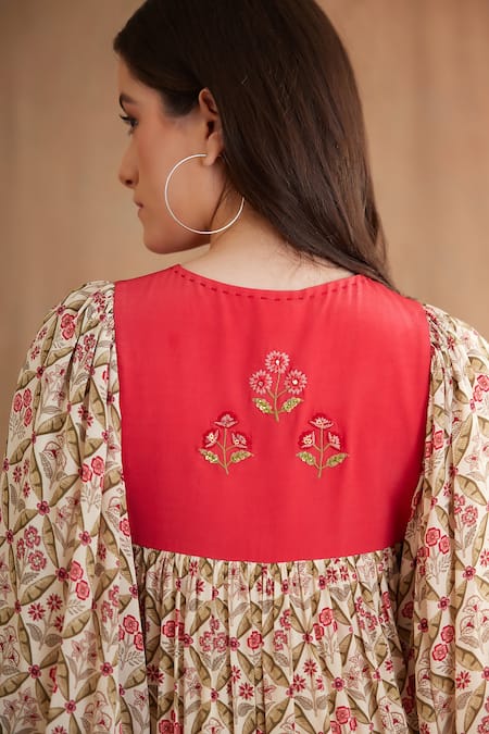 Shop_Nikasha_Red Viscose, Cotton Beads, Sequins Keyhole Yoke Embroidered Kurta And Pant Set _Online_at_Aza_Fashions