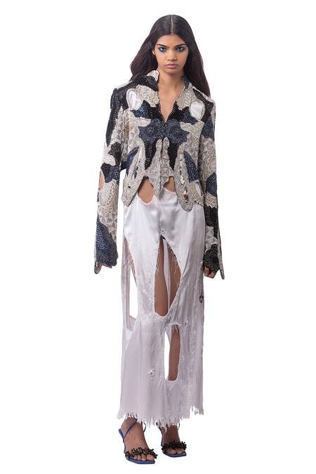 AK-OK Blue Cotton, Lycra Beads Open Neck Embroidered Cut-out Jacket Online at Aza Fashions AK-OK_Blue Cotton, Lycra Beads Open Neck Embroidered Cut-out Jacket _Online_at_Aza_Fashions