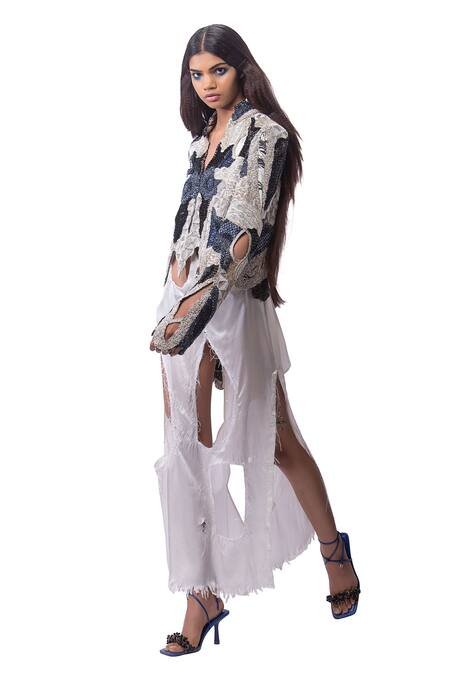 Buy AK-OK Blue Cotton, Lycra Beads Open Neck Embroidered Cut-out Jacket Online at Aza Fashions Buy_AK-OK_Blue Cotton, Lycra Beads Open Neck Embroidered Cut-out Jacket _Online_at_Aza_Fashions