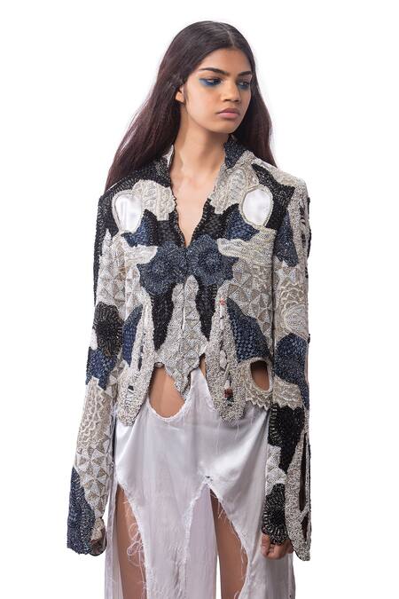 Shop AK-OK Blue Cotton, Lycra Beads Open Neck Embroidered Cut-out Jacket Online at Aza Fashions Shop_AK-OK_Blue Cotton, Lycra Beads Open Neck Embroidered Cut-out Jacket _Online_at_Aza_Fashions