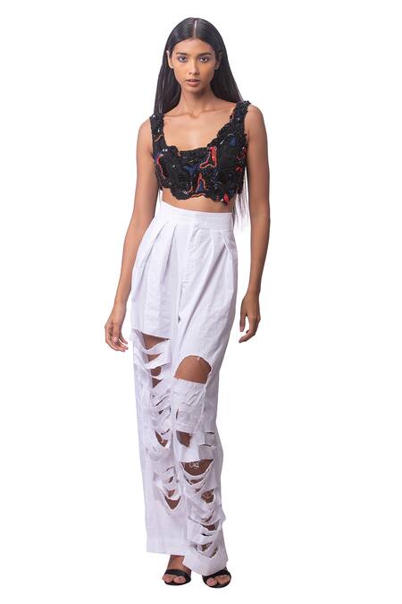 AK-OK_Black Cotton, Lycra Beads Scoop Neck Abstract Embroidered Crop Top _Online_at_Aza_Fashions