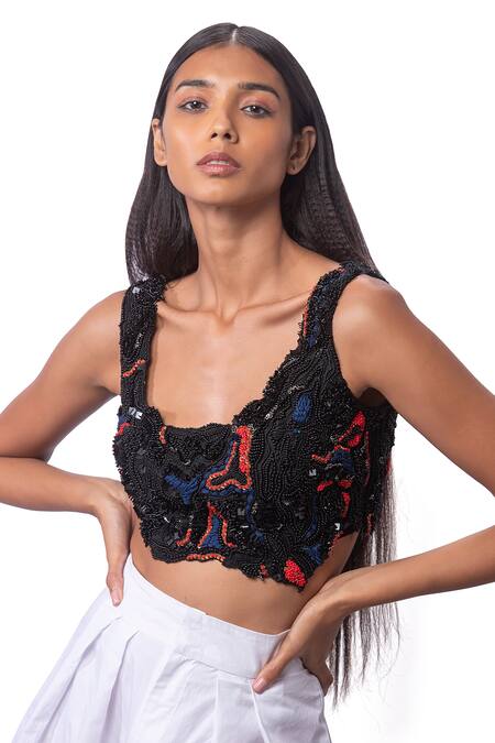 Buy_AK-OK_Black Cotton, Lycra Beads Scoop Neck Abstract Embroidered Crop Top _Online_at_Aza_Fashions