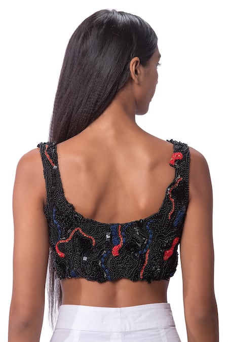 Shop_AK-OK_Black Cotton, Lycra Beads Scoop Neck Abstract Embroidered Crop Top _Online_at_Aza_Fashions