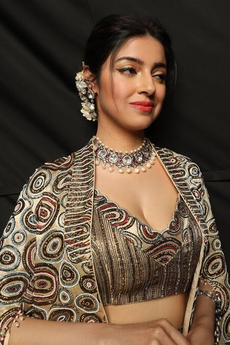 Sejal Kamdar_Cream Pure Satin Crepe And Organza Print & Blazer & Panelled Lehenga Set _Online_at_Aza_Fashions
