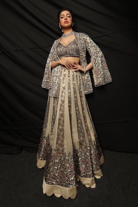 Shop_Sejal Kamdar_Cream Pure Satin Crepe And Organza Print & Blazer & Panelled Lehenga Set _Online_at_Aza_Fashions