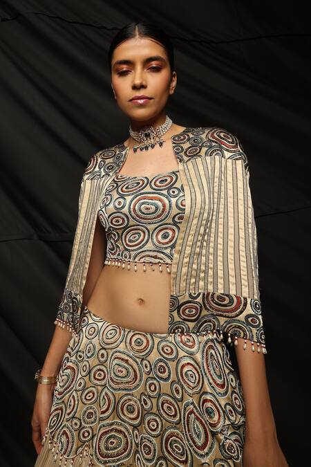Buy_Sejal Kamdar_Cream Organza And Embroidery Ajrakh Scoop Jacket & Layered Lehenga Set _Online_at_Aza_Fashions