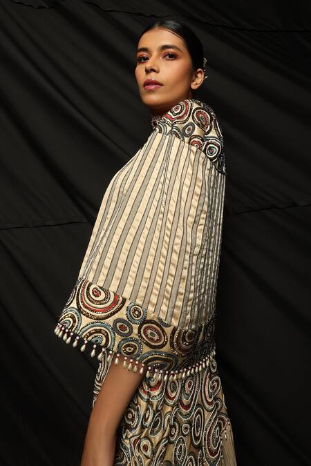 Shop_Sejal Kamdar_Cream Organza And Embroidery Ajrakh Scoop Jacket & Layered Lehenga Set _Online_at_Aza_Fashions