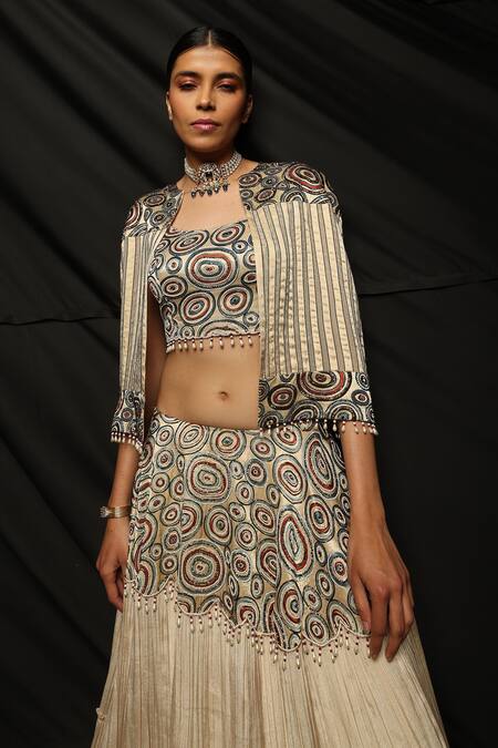 Sejal Kamdar_Cream Organza And Embroidery Ajrakh Scoop Jacket & Layered Lehenga Set _at_Aza_Fashions