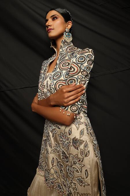 Sejal Kamdar_Cream German And Pure Crepe Print & Cropped & Sharara Set  _at_Aza_Fashions