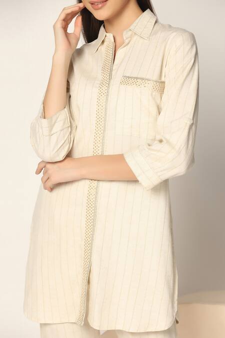 Buy_Two Sisters By Gyans_Off White Cotton Embroidery Collared Thread Shirt And Pant Set _Online_at_Aza_Fashions