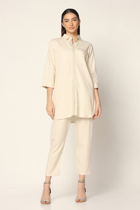 Shop_Two Sisters By Gyans_Off White Cotton Embroidery Collared Thread Shirt And Pant Set _Online_at_Aza_Fashions
