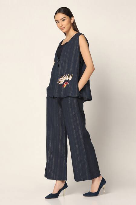 Two Sisters By Gyans Blue Cotton Embroidery V-, Round Bird Jacket And Pant Set Online at Aza Fashions Two Sisters By Gyans_Blue Cotton Embroidery V-, Round Bird Jacket And Pant Set _Online_at_Aza_Fashions