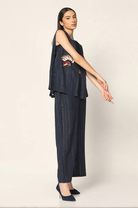 Buy Two Sisters By Gyans Blue Cotton Embroidery V-, Round Bird Jacket And Pant Set Online at Aza Fashions Buy_Two Sisters By Gyans_Blue Cotton Embroidery V-, Round Bird Jacket And Pant Set _Online_at_Aza_Fashions