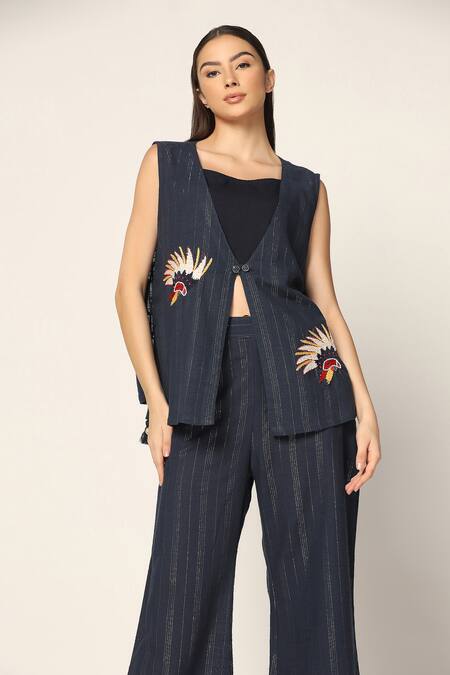 Shop Two Sisters By Gyans Blue Cotton Embroidery V-, Round Bird Jacket And Pant Set Online at Aza Fashions Shop_Two Sisters By Gyans_Blue Cotton Embroidery V-, Round Bird Jacket And Pant Set _Online_at_Aza_Fashions