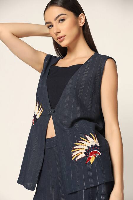 Two Sisters By Gyans Blue Cotton Embroidery V-, Round Bird Jacket And Pant Set at Aza Fashions Two Sisters By Gyans_Blue Cotton Embroidery V-, Round Bird Jacket And Pant Set _at_Aza_Fashions