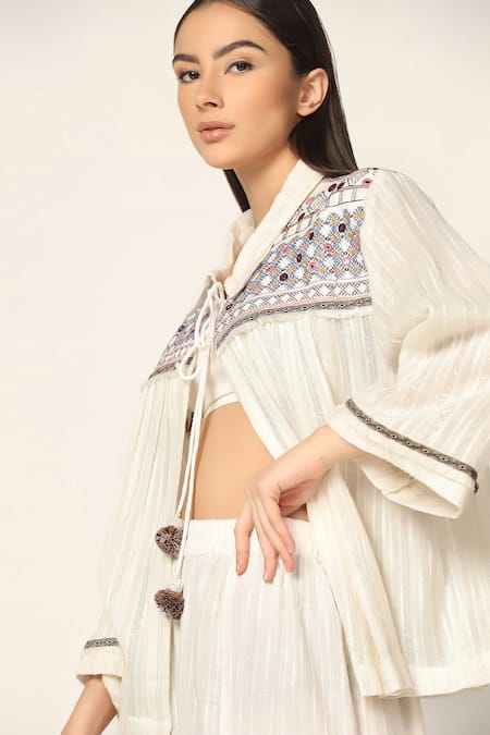 Buy Two Sisters By Gyans White Cotton Embroidery Collared Shirt And Wide Leg Pant Set Online at Aza Fashions Buy_Two Sisters By Gyans_White Cotton Embroidery Collared Shirt And Wide Leg Pant Set _Online_at_Aza_Fashions