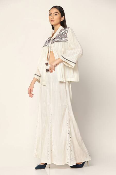 Shop Two Sisters By Gyans White Cotton Embroidery Collared Shirt And Wide Leg Pant Set Online at Aza Fashions Shop_Two Sisters By Gyans_White Cotton Embroidery Collared Shirt And Wide Leg Pant Set _Online_at_Aza_Fashions