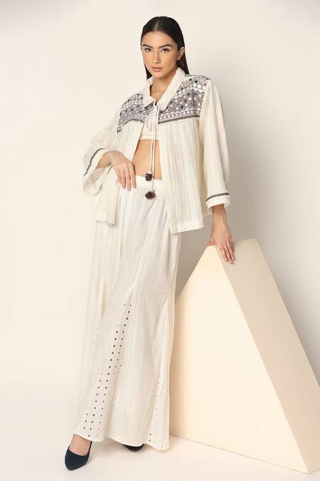 Two Sisters By Gyans White Cotton Embroidery Collared Shirt And Wide Leg Pant Set at Aza Fashions Two Sisters By Gyans_White Cotton Embroidery Collared Shirt And Wide Leg Pant Set _at_Aza_Fashions