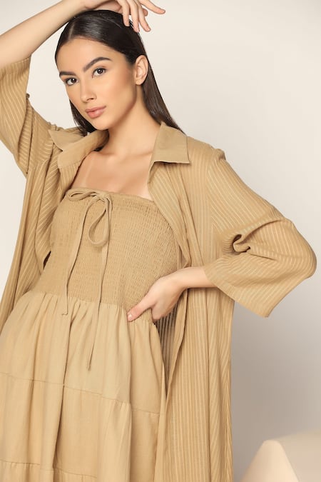 Buy_Two Sisters By Gyans_Brown Cotton Embroidery Square Neck, Collared Tiered Dress With Shirt _Online_at_Aza_Fashions