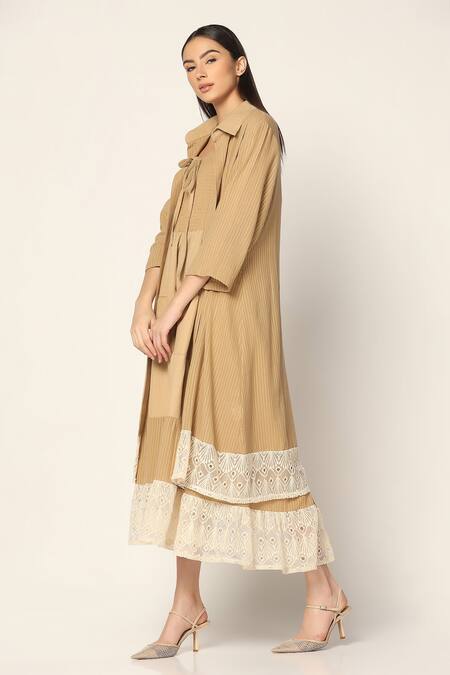 Shop_Two Sisters By Gyans_Brown Cotton Embroidery Square Neck, Collared Tiered Dress With Shirt _Online_at_Aza_Fashions