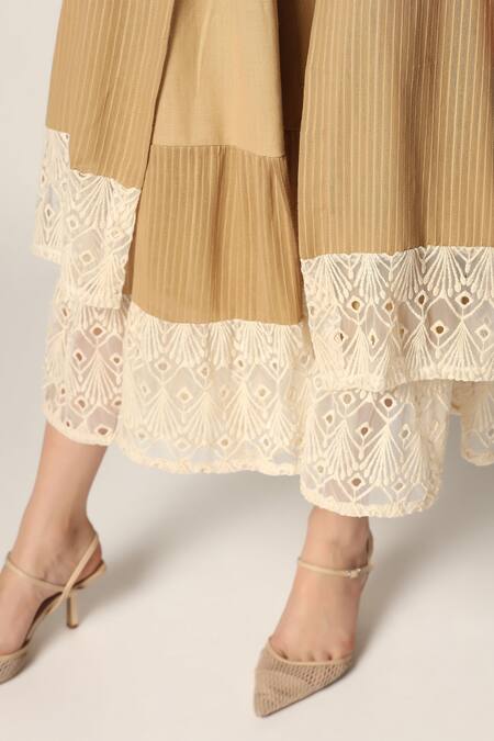 Buy_Two Sisters By Gyans_Brown Cotton Embroidery Square Neck, Collared Tiered Dress With Shirt 