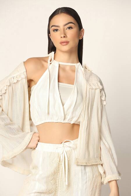 Buy Two Sisters By Gyans Off White Cotton Tassels, Embroidery, Beads Collared, Woven Jacket And Pant Set Online at Aza Fashions Buy_Two Sisters By Gyans_Off White Cotton Tassels, Embroidery, Beads Collared, Woven Jacket And Pant Set _Online_at_Aza_Fashions