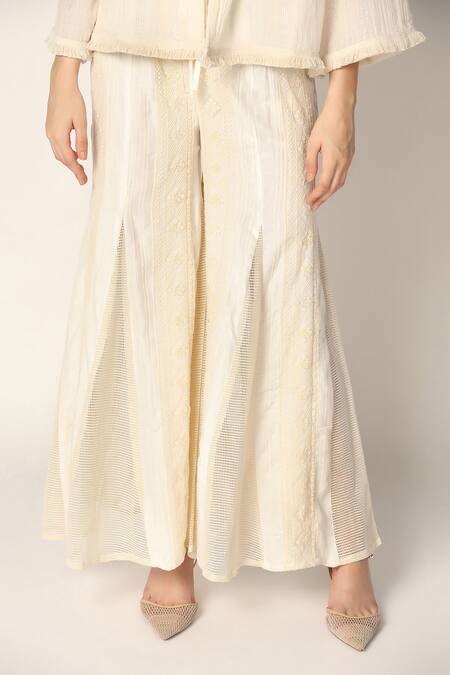 Shop Two Sisters By Gyans Off White Cotton Tassels, Embroidery, Beads Collared, Woven Jacket And Pant Set Online at Aza Fashions Shop_Two Sisters By Gyans_Off White Cotton Tassels, Embroidery, Beads Collared, Woven Jacket And Pant Set _Online_at_Aza_Fashions