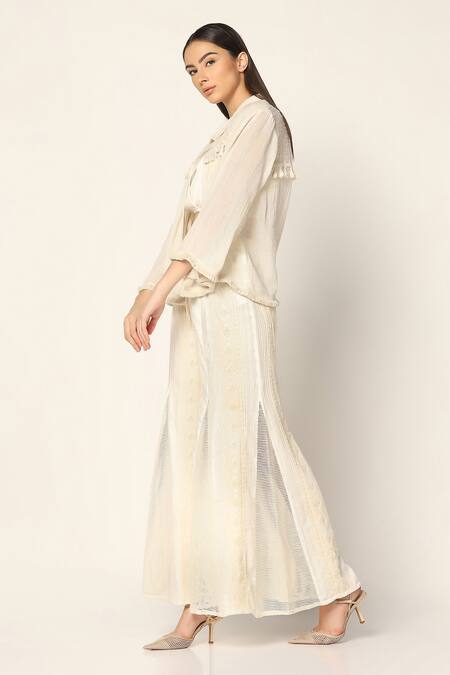 Buy Two Sisters By Gyans Off White Cotton Tassels, Embroidery, Beads Collared, Woven Jacket And Pant Set Buy_Two Sisters By Gyans_Off White Cotton Tassels, Embroidery, Beads Collared, Woven Jacket And Pant Set