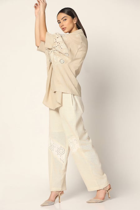 Two Sisters By Gyans_Beige Cotton Embroidery Collared Sleeve Shirt _Online_at_Aza_Fashions