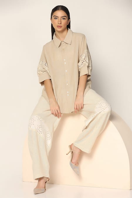 Buy_Two Sisters By Gyans_Beige Cotton Embroidery Collared Sleeve Shirt _Online_at_Aza_Fashions